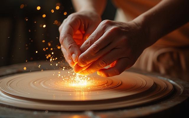 Nahaufnahme von Händen, die Ton auf einer Töpferscheibe formen