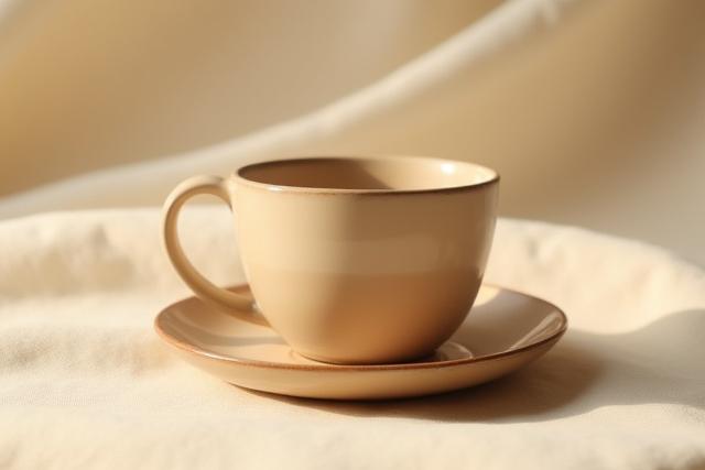 Keramik-Tasse und Untertasse in sanften Erdtönen