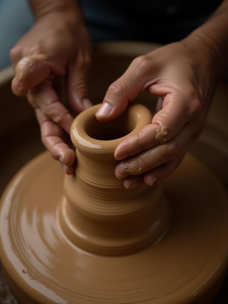 Hände formen Ton auf einer Töpferscheibe, Nahaufnahme