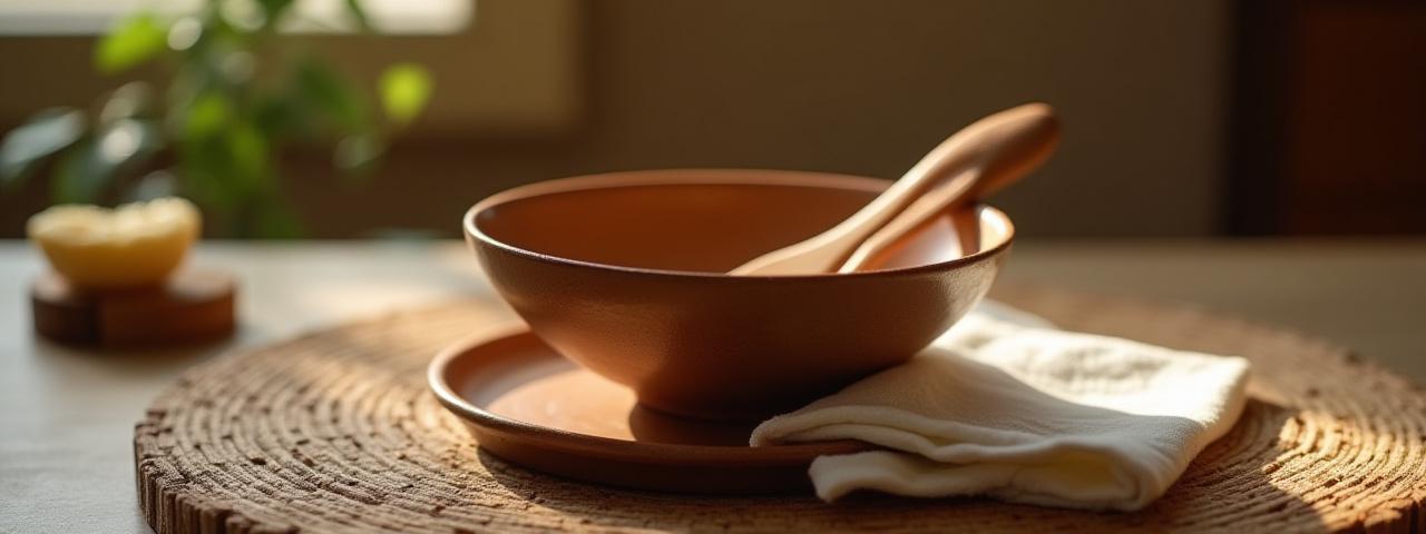 Handgefertigte Keramikschale auf einem Holztisch, sanftes Licht, daneben eine Pflegebürste.