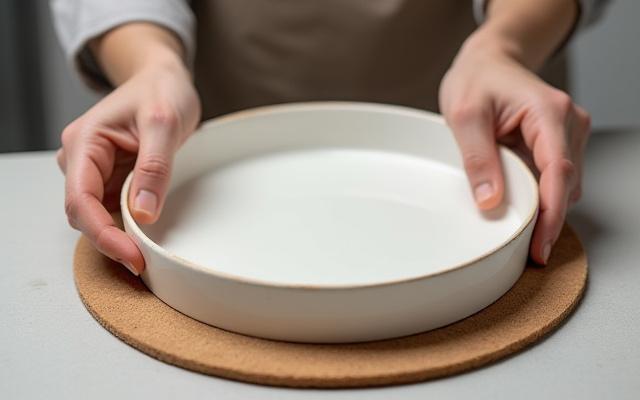 Ein Keramikteller wird vorsichtig auf eine weiche Unterlage gelegt, um Kratzer zu vermeiden.