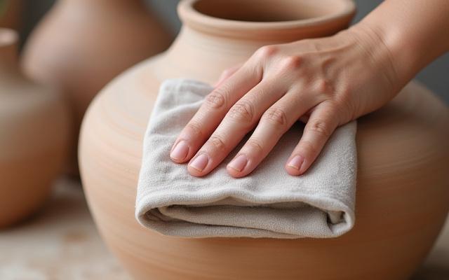 Nahaufnahme einer unglasierten Keramikvase, die mit einem feuchten Tuch abgewischt wird, detailreich und natürlich.