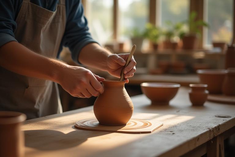 Keramikerin glasiert ein frisch gebranntes Tonobjekt in einem hellen Atelier
