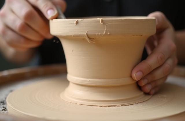 Ein Keramiker, der ein getrocknetes Tongefäß von unten abdreht
