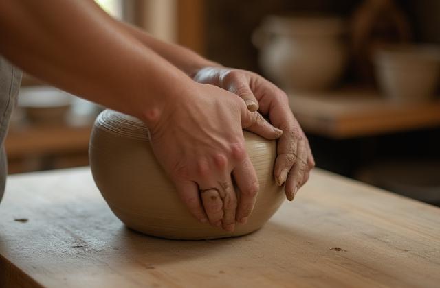 Ein Töpfer, der Ton knetet und vorbereitet